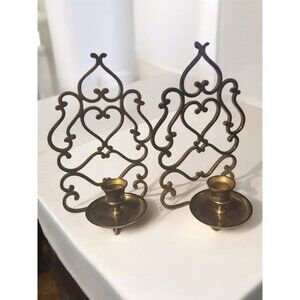 Pair Of Vintage Brass Wall-Mounted Candle Holders With Ornate Heart Designs